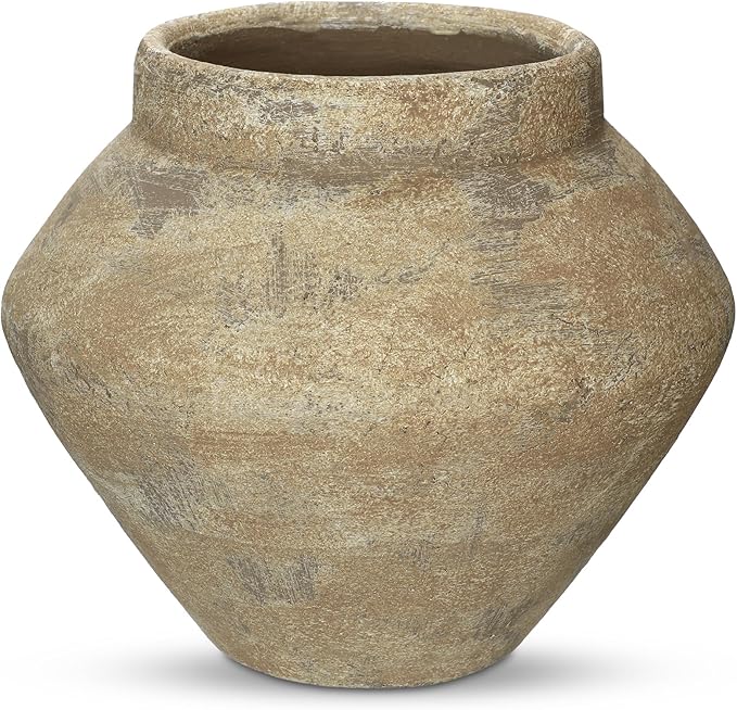 Briful Large Rustic Ceramic Vase with Distressed Finish, 8.2'' Tall Wide-Belly Decorative Flower Vases with Felt Pads, Retro Style Pottery for Home Decor, Table Centerpiece, Yellow Brown