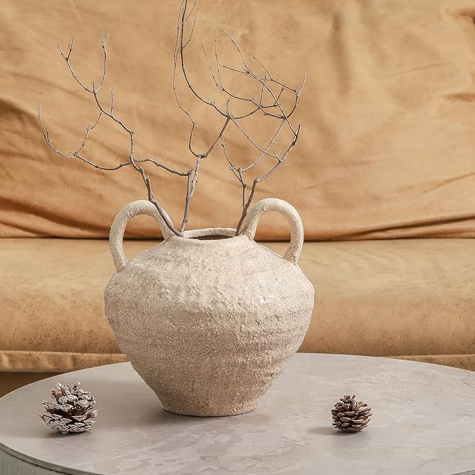 Ceramic Flower Vase, Large Farmhouse Vases Home Decor, Handmade Rustic Vase with Handles, Decorative Flower Vase for Home Entryway Living Room Dining Table Farmhouse Office Decor(8.6inch)