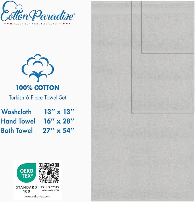 Cotton Paradise 6 Piece Towel Set 100% Cotton Soft Absorbent Turkish Towels for Bathroom 2 Bath Towels 2 Hand Towels 2 Washcloth Silver Gray Towel Set