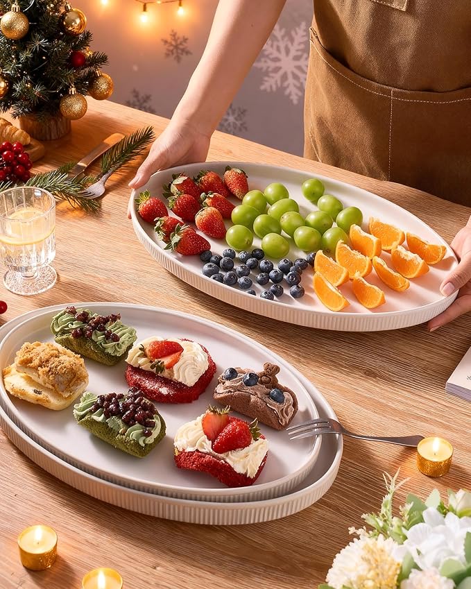 famiware Serving Platter, 16/14.6/12.9 Inch Serving Dishes for Entertaining, Party Serving Trays for Food, Buffet Oval Platters for Food, Large Plates for Bread Turkey Cheese Appetizer, Matte White