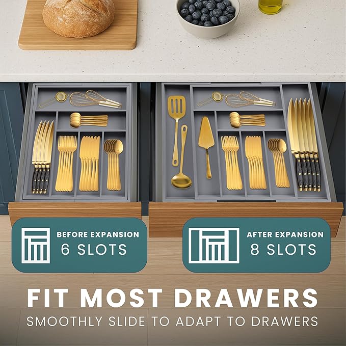 Sben Expandable Drawer Organizer for Utensils Holder, Adjustable Cutlery Tray, Wood Drawer Dividers Organizer for Silverware, Flatware, Knives for Kitchen (Gray)