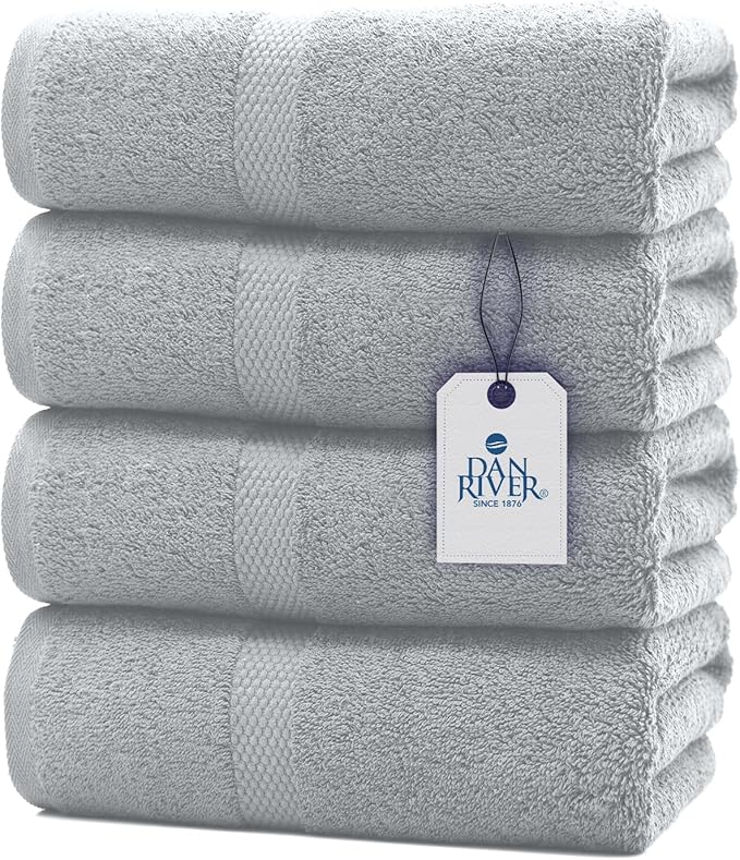 DAN RIVER Bath Towels Set of 4, 27 x 54 Inches, 100% Cotton, Larger & Lighter Weight, Quicker to Dry, Super Soft and Absorbent, Ideal Thick Towels for Daily Use, Silver