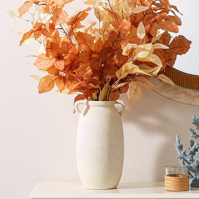 Ceramic Flower Vase 12 inch Farmhouse Rustic Vase Decorative Pottery Terracotta Tall Vases for Home Decor Table Mantle Fireplace Living Room Bathroom Wedding Centerpiece(Large-White)