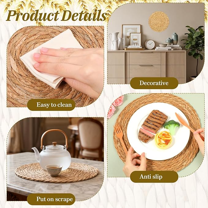 SHENLIU 12 PCS 13.5'' Round Rattan Placemats, Round Woven Placemats Plate, Boho Farmhouse Rustic Woven Place Mats for Dining Table Decor Rustic Home Decor Wedding Reception Farmhouse Christmas