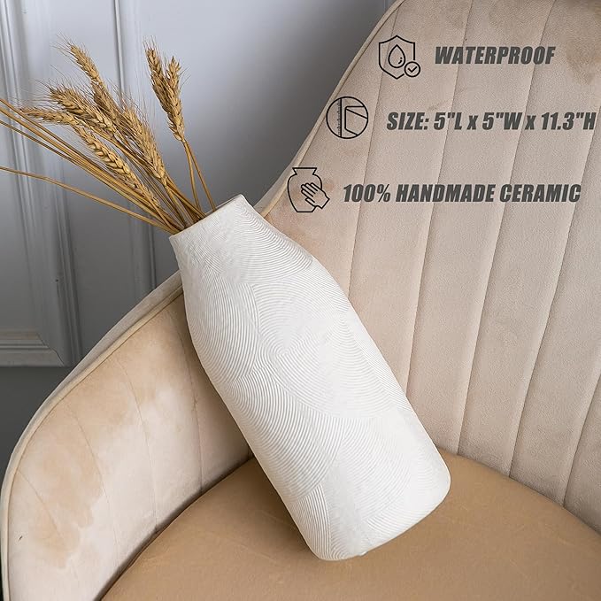 Large Textured Vase, Boho Ceramic Vase for Modern Farmhouse Home Decor, Pottery Vases for Flowers, Pampas Grass, Rustic Decorative Vase, Clay Vase Centerpieces for Dining Table