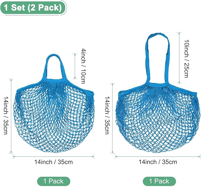 2-Pack Cotton Mesh Bag, Reusable Washable Mesh Net String Grocery Bags, Reusable Produce Bags with Handle, Net Tote Bag for Fruits/Vegetables Shopping [Blue, Long&Short Handle]