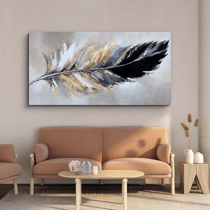 YISXINOAG Canvas Art Wall Decor Modern Abstract Wall Decor Canvas Wall Art for Bedroom Home Artwork Prints Modern Home Decorations Black and Gold Minimalist Feather Abstract Art Size 20"X40"