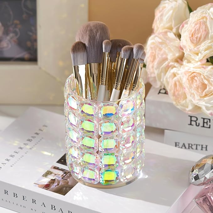 Crystal Makeup Brush Holder Organizer,Vanity Bathroom Canisters,Glass Toothbrush Holders for Bathroom,Pen Holder for Office,Bling Vanity Organizer and Storage