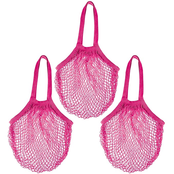 Zyzhogar 3 Pack Cotton Mesh Grocery Bags,Reusable Grocery Net Bags Washable Fruit and Vegetable Storage Bag Long Handle Net Tote Shopping Bags for Farmers Market, Grocery,Shoping or Trip,Hot Pink