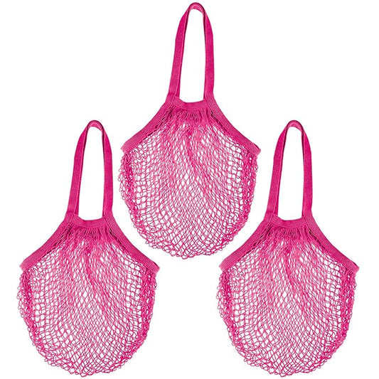 Zyzhogar 3 Pack Cotton Mesh Grocery Bags,Reusable Grocery Net Bags Washable Fruit and Vegetable Storage Bag Long Handle Net Tote Shopping Bags for Farmers Market, Grocery,Shoping or Trip,Hot Pink