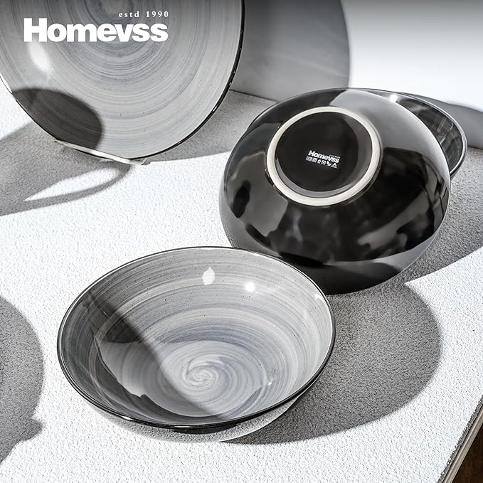 Sonoma Stoneware Dinnerware Set, Outside Black + Inside Hand Painting Color (16pc Set, Grey)