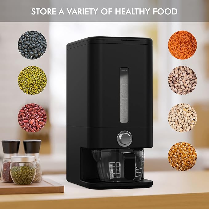 25lb Rice Dispenser - Air Tight Grain & Rice Container With Easy To Use Dispensing, Measuring Cup, & Sponge - NEW Black Design Grain Storage Container