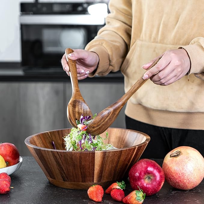 Wooden Salad Bowl, 12'' Acacia Wood Large Salad Bowl Set Big Salad Serving Bowl with Serving Utensils
