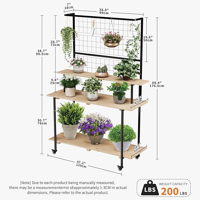 3 Tier Rolling Plant Stand with Lockable Wheels, Adjustable Height Wooden Flower Shelf Indoor Outdoor, 200LB Capacity, Multi Purpose Tall Plant Stand for Home Garden
