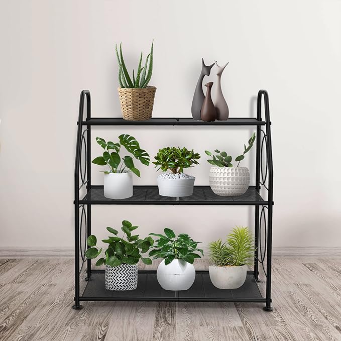 Plant Stand, 3 Tier Plant Shelf for Indoor Outdoor, Heavy Duty Metal Outdoor Plant Stand Holder Rack for Living Room Balcony and Garden, Black