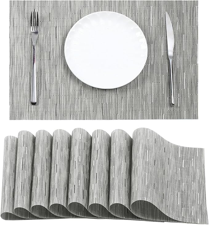 Leetaltree Silver Placemats Set of 8 - Heat Resistant Non-Slip Place mats for Dining Table, Washable Durable PVC Vinyl Woven Table Mats（Silver, 8）