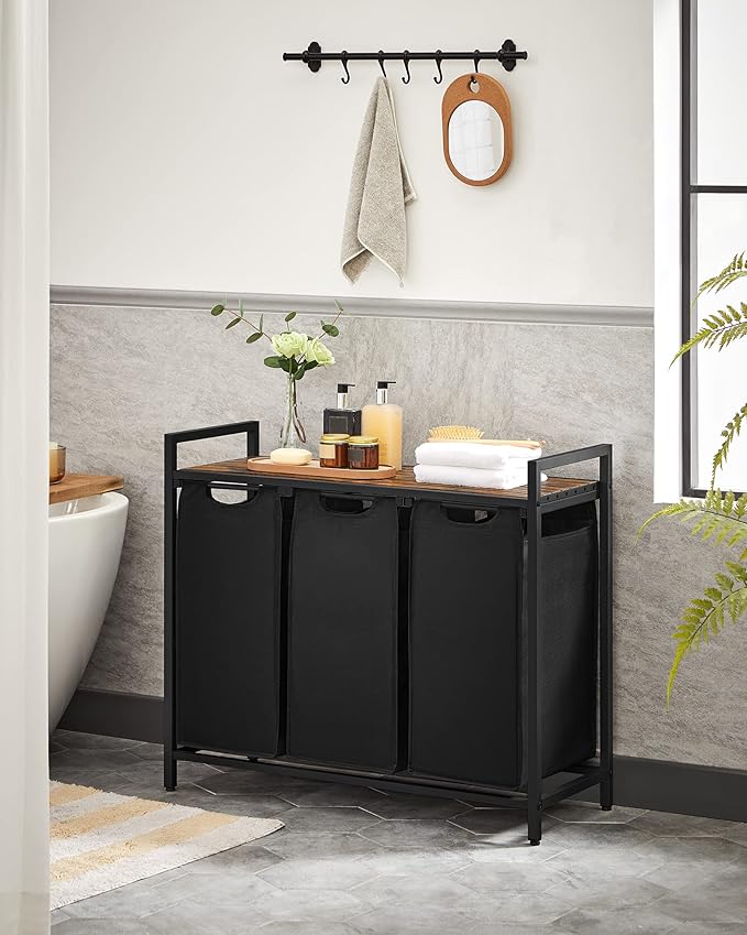 VASAGLE Laundry Hamper, Laundry Basket, Laundry Sorter with 3 Pull-Out and Removable Bags, Shelf, Metal Frame, 3 x 10.6 Gallons (40 L), 36.4 x 13 x 28.4 Inches, Ink Black and Rustic Brown UBLH301B01