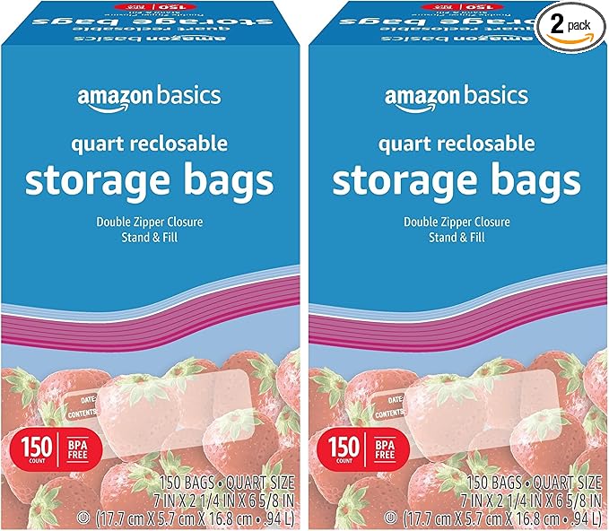 Amazon Basics Quart Food Storage Bags, 150 Count (Previously Solimo) (Pack of 2)