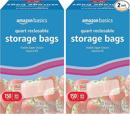Amazon Basics Quart Food Storage Bags, 150 Count (Previously Solimo) (Pack of 2)
