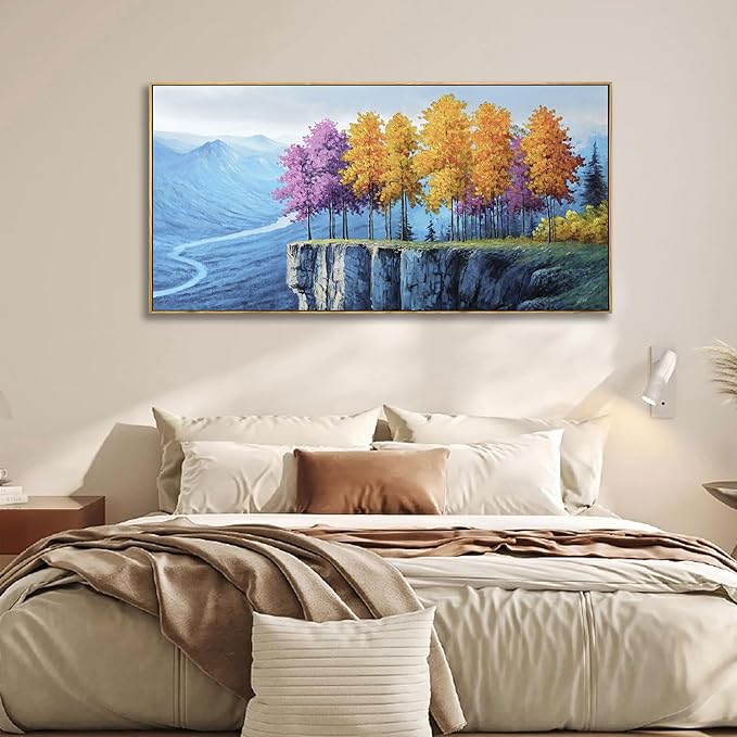 yiijeah Modern Wall Art - Landscape Wall Decor Living Room Bedroom Purple Tree Mountains and Rivers Printings Large Canvas Picture Framed Artwork for Walls Relaxed Office Home Decoration
