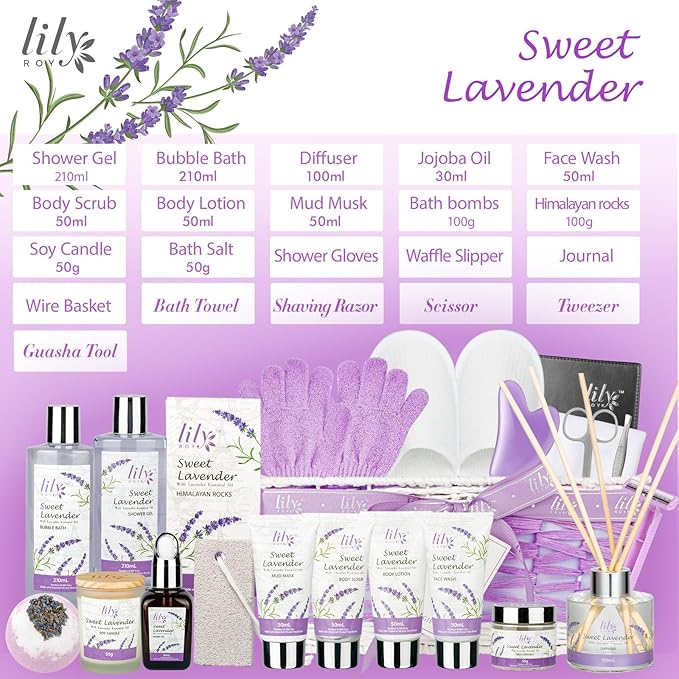 Christmas Gifts Spa Gift Set for Women - 22 Piece Lavender Luxury Bath & Body Basket with Bath Bomb, Lotion & Shower Gel | Bath Gift Set for Birthday Gifts, Mothers Day Gifts