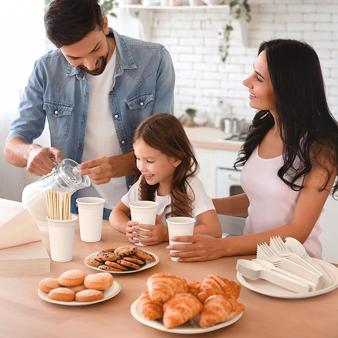 400PCS Disposable Paper Plates Set, Compostable Eco-friendly Dinnerware Set, Biodegradable Heavy-Duty Paper Plates, Utensils, Cups and Straws for Party Camping Natural Brown