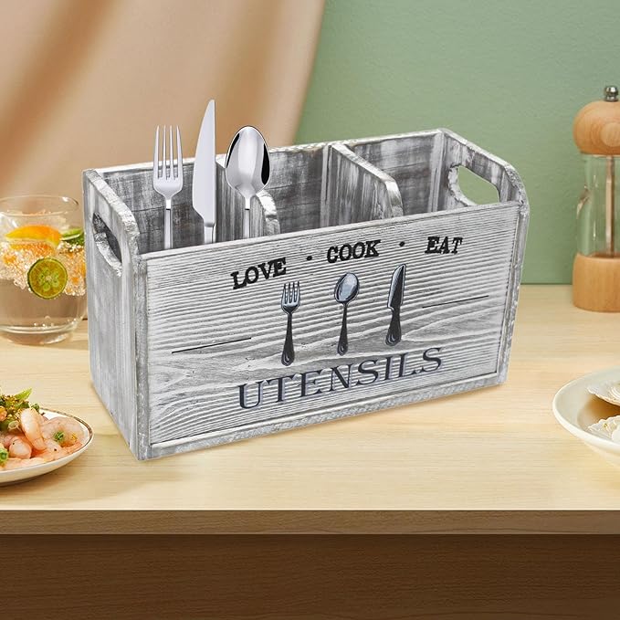 Fenteer Kitchen Utensil Holder Storage Crock Vintage Accessories Wooden Utensil Organizer Cutlery Box for Counter Hotels Restaurants, Gray