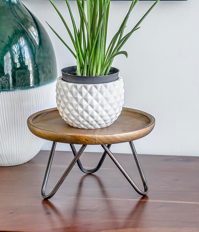 Red Co. 8.75” Dia Round Decorative Wooden Pedestal Plant Stand with Metal Pin Legs, Natural Brown