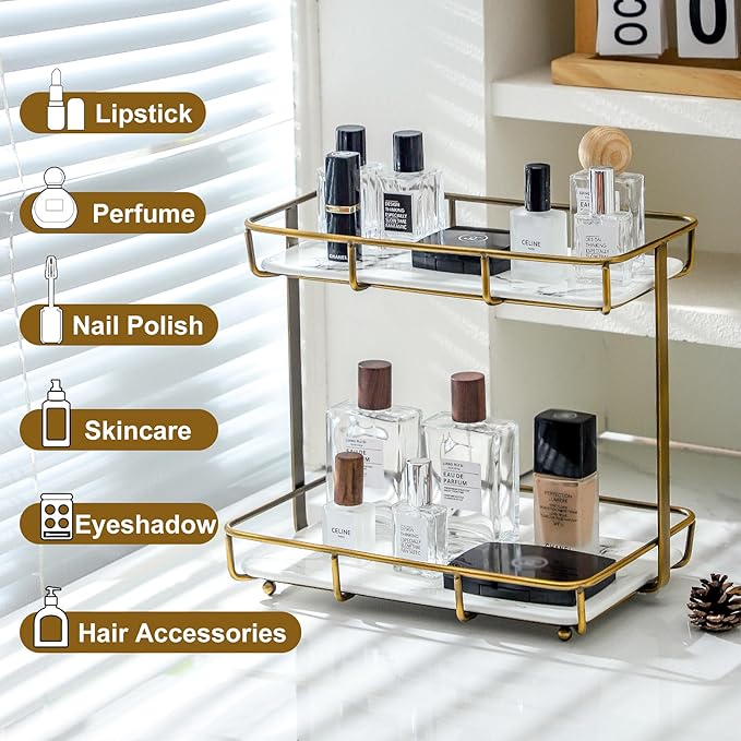 Bathroom Organizer Countertop Perfume Organizer Makeup Organizer Cosmetics Storage Display Rack Vanity Tray Dresser Stainless Steel Gold Shelf White Marble Ceramic Tray