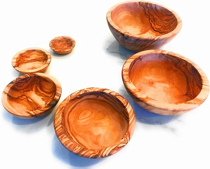 Nesting Set of 6 Artisan Olive Wood Serving Bowls. Unique Handmade Decorative Serve-ware for Fruit, Salad, Snacks, Condiments, Any Food. Small Mini Bowl 2" to Large 5.5-6.5"