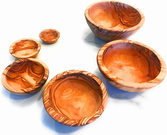 Nesting Set of 6 Artisan Olive Wood Serving Bowls. Unique Handmade Decorative Serve-ware for Fruit, Salad, Snacks, Condiments, Any Food. Small Mini Bowl 2" to Large 5.5-6.5"