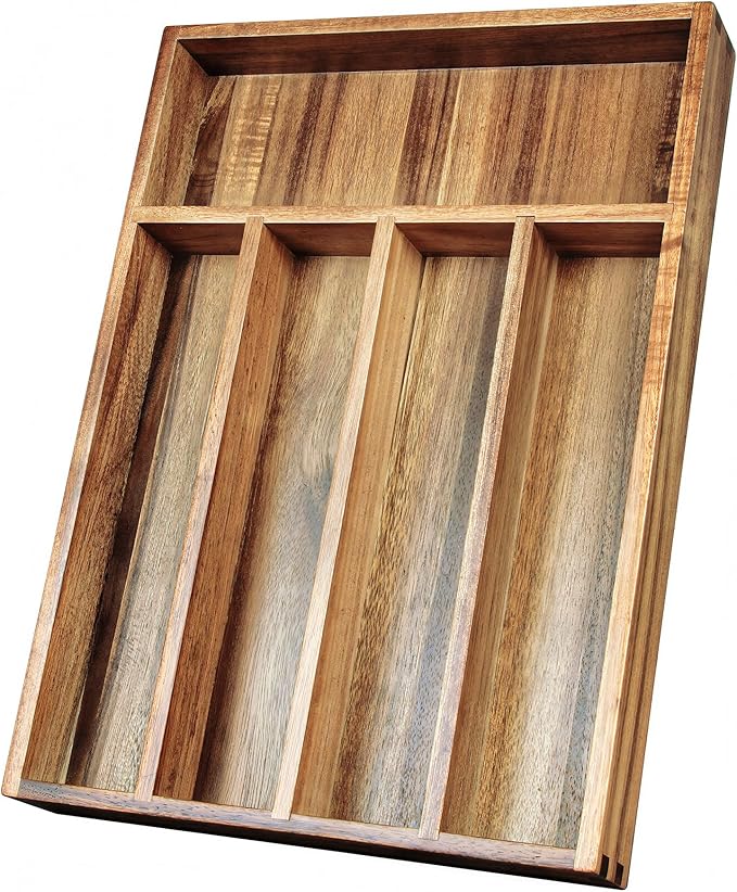 Acacia Wood Silverware Organizer, Kitchen Utensil Drawer Organizer for Forks, Knives & Spoons, 5-Compartment Cutlery Tray, Flatware Holder