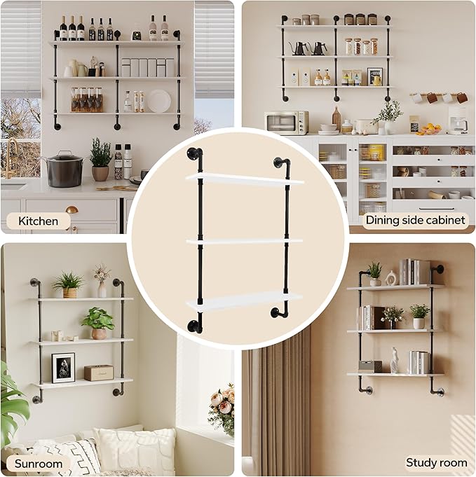 3-Tier Industrial Pipe Floating Shelf – Rustic 30 inch Wood Wall-Mounted Storage Shelf for Kitchen Office,Bathroom & Home Decor -White Oak