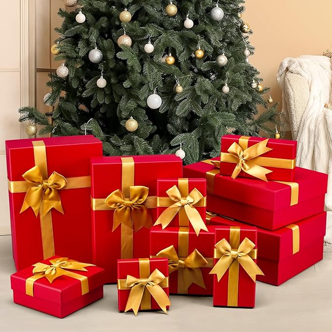 Tenceur 10 Pcs Gift Boxes with Lids Heavy Duty Nested Assorted Sizes Cardboard Gift Boxes for Presents with Ribbon for Xmas Holiday Present(Red, Gold,5 Size)