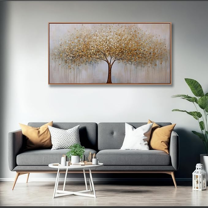 Wall Art Gold Abstract Tree of Life Framed Modern Artwork Canvas Painting Textured Tree Pictures Wall Decor Home Decor Wall Ready to Hang for Bedroom Living Room Size 30"x60"