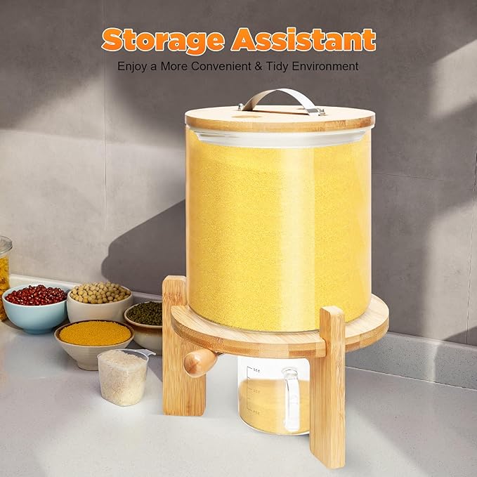 5L Cereal Dispenser, Clear Glass Grain Storage Container, Dry Food Dispenser, Rice Bin Organizer with Graduated Measuring Cup for Home Kitchen Breakfast Market