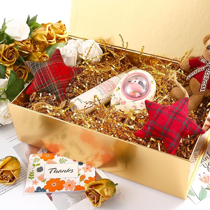 Large Gift Box with Lid 13.5x9x4.1 Inches, Gold Groomsman Proposal Gift Box with Magnetic Closure for All Occasion(Glossy Gold)