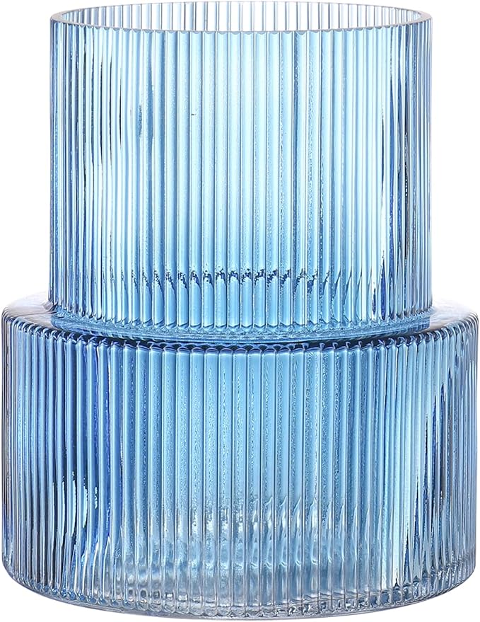 Blue Glass Vase, Ribbed Glass Vase, Fluted Glass Vase, Flower Vase for Bouquet, Ribbed Vase for Flowers, Blue Vase for Living Room, Dining Table, Entryway, Shelf, Wedding, Office,7.5 Inches