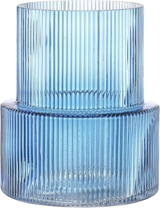 Blue Glass Vase, Ribbed Glass Vase, Fluted Glass Vase, Flower Vase for Bouquet, Ribbed Vase for Flowers, Blue Vase for Living Room, Dining Table, Entryway, Shelf, Wedding, Office,7.5 Inches