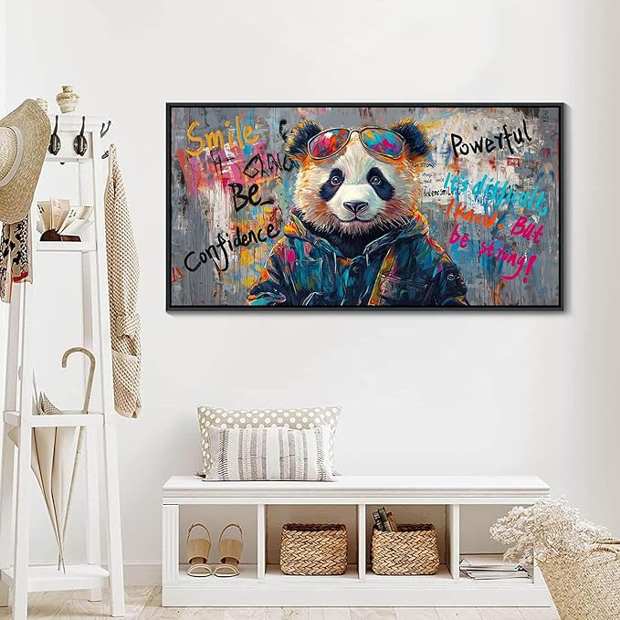JEAWA Large Framed Canvas Wall Art, Black and White Panda Graffiti Street Art Pop Abstract Modern Paintings for Living Room Bedroom Study Office Inspirational Picture Home Decor 24x48 IN