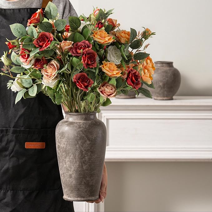 Large Ceramic Rustic Vase, 11 Inch Tall Flower Vase Farmhouse Decorative Vase Floral Pottery Vases for Home Decor Table Living Room Entryway Mantel Bookshelf Bedroom Bathroom Kitchen - Brown