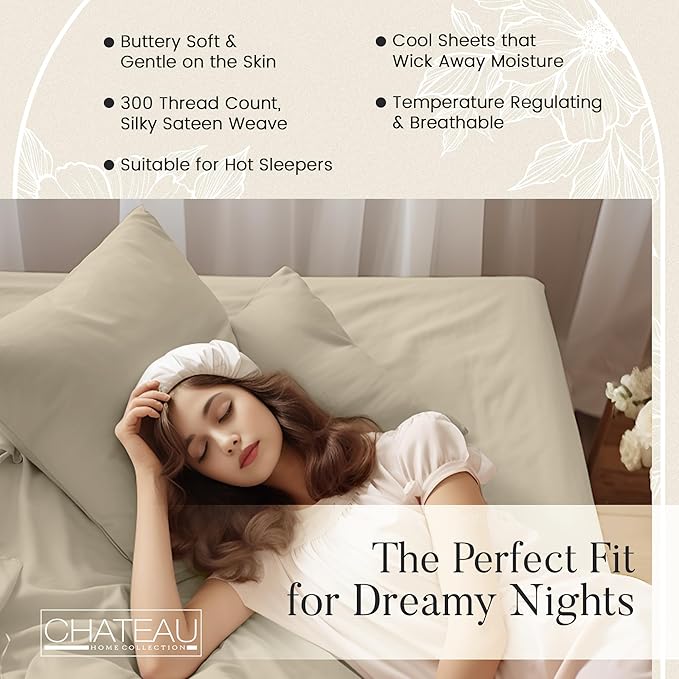 300TC 100% Organic Cotton Twin XL Size Sheets Set, XL Twin Bed Sheets Luxury Hotel Collection Fully Elasticated Sheet & Pillowcase Sets, Machine Washable No Pill Fade Resistant-Tan