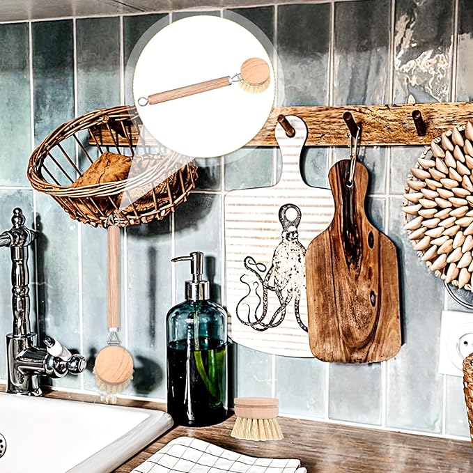 8 Pcs Wooden Dish Brush with Handle Bamboo Scrub Brush for Dishes with Dish Brush Replacement Head Dish Brush for Kitchen Cleaning Dishes