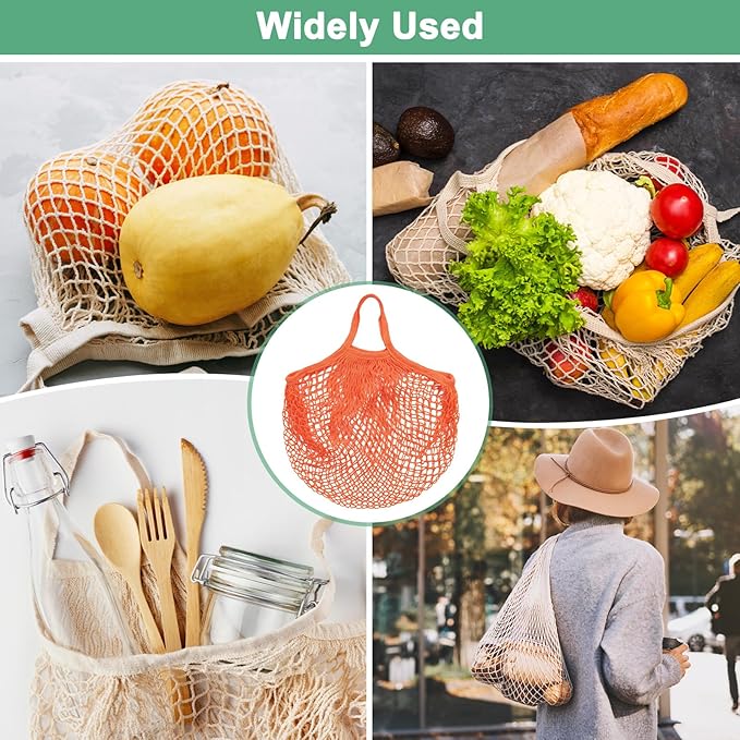 1-Pack Cotton Mesh Bag, Reusable Washable Mesh Net String Grocery Bags, Reusable Produce Bags with Handle, Net Tote Bag for Fruits/Vegetables Shopping [Orange, Short Handle]