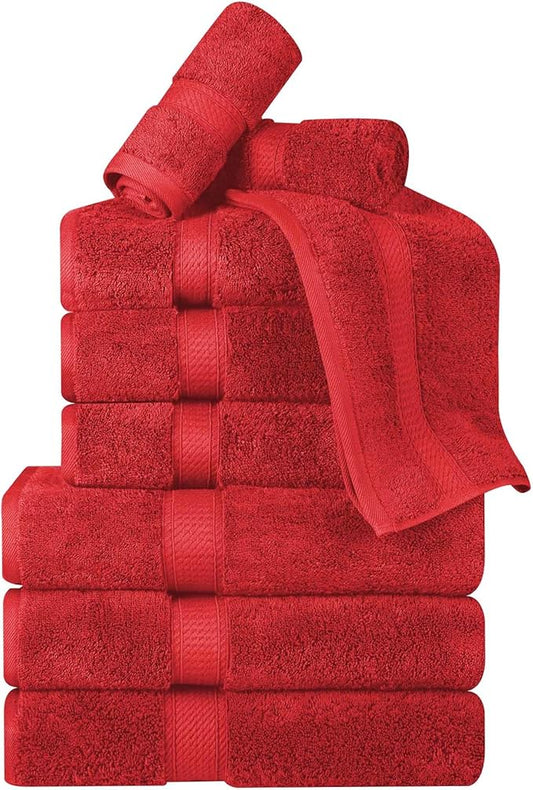 BNM Egyptian Cotton Heavyweight Towels, Ideal For Bathroom, Shower, Spa, Hotel, 800 GSM, Face/ Washcloths, Hand Towels, Bath Towels, Highly-Absorbent, Luxury Home Basics, 9 Piece Towel Set, Red