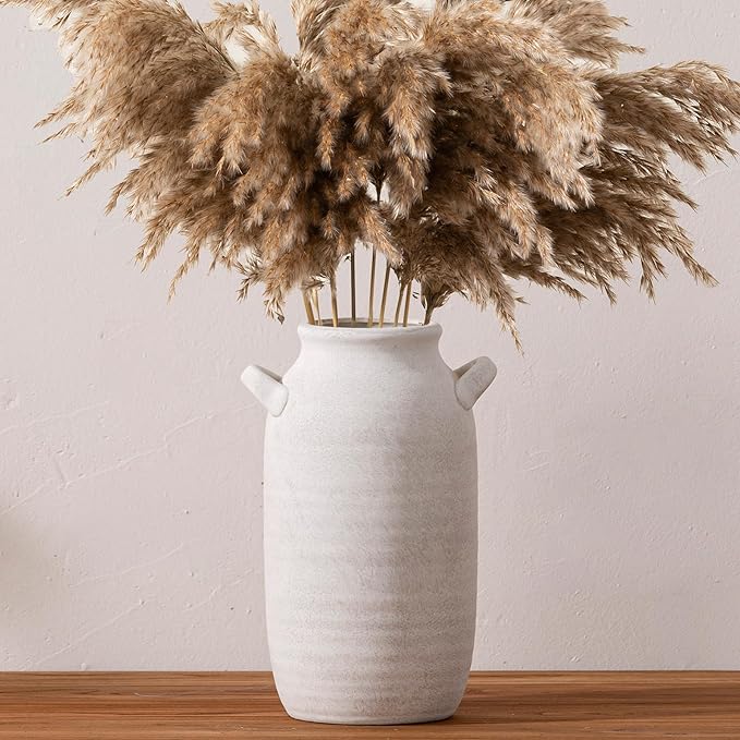 Large Flower Vase Home Decor - 12 inch Tall Ceramic Farmhouse Rustic Table Vases with Handle Living Room Decoration Decorative Rustic Pottery for Floor Kitchen Shelf Coffee Dining Desk Fireplace