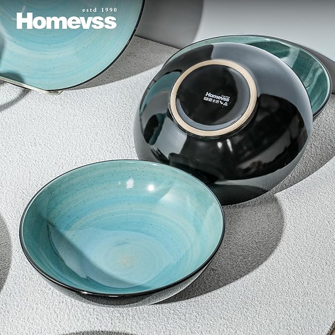 Sonoma 16 Piece Stoneware Dinner Set, Outside Black + Inside Handpainted Color Turquoise with speckle