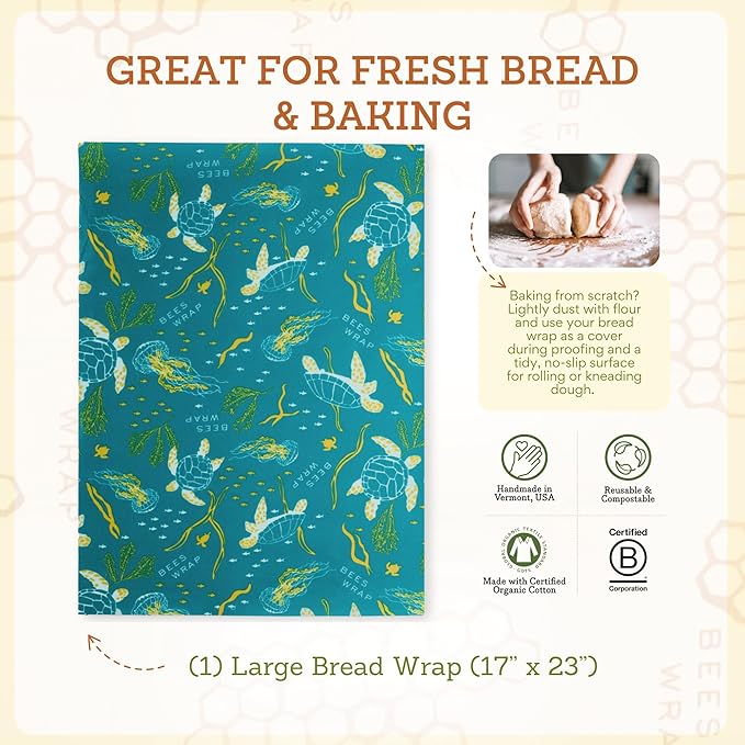 Bee's Wrap Beeswax Wraps for Food - Bread Wrap - Made in USA Reusable Bread Storage Bags - Organic & Eco-Friendly Alternative to Aluminum Foil, Sourdough Bags & Plastic Wrap, Ocean