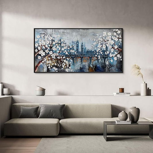 KLAKLA City Scenes Landscape Plum Blossom Picture Artwork for wall - Black Frame Large Wall Art for Living Room Abstract Wall Decor Bedroom Office Modern Home Decoration