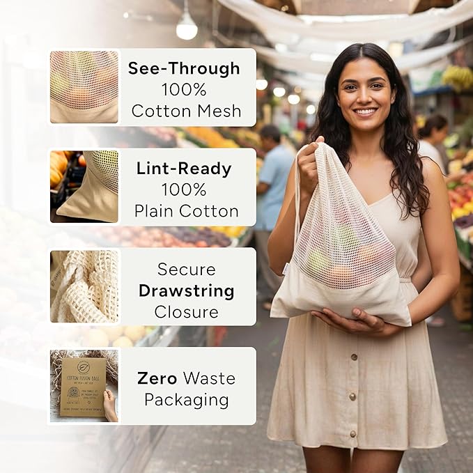 LEAFICO Reusable Produce Bags – 100% Cotton Mesh & Solid Hybrid (Mixed Sizes 8 Pcs – S/M/L/XL) – Multi-Use Grocery & Storage Bags for Fruit, Vegetables, Toys, Clothes, Travel – Washable, Zero Waste